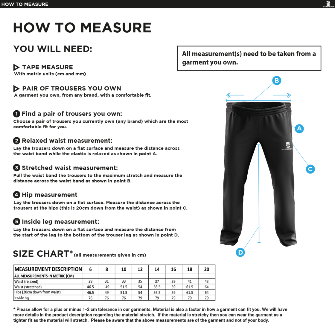 South Shore CC - Ripstop Track Pant with Lycra - Size Guide