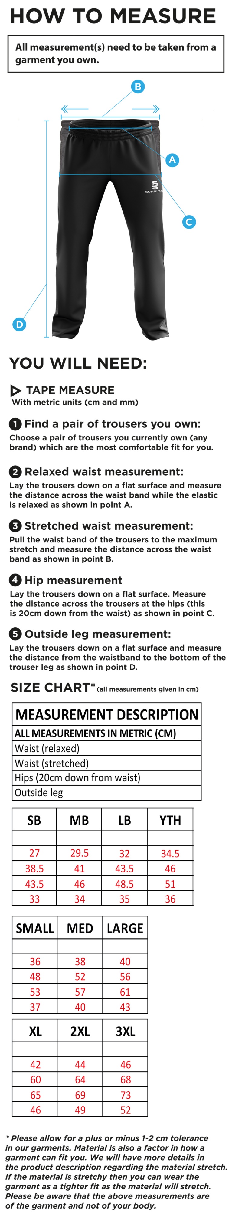 South Shore CC - Ripstop Track Pant With Lycra - Size Guide