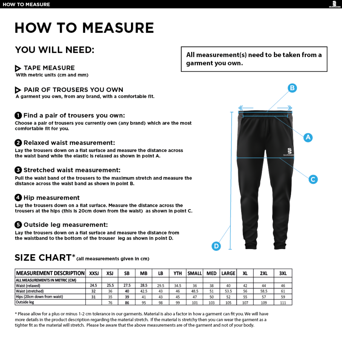 South Shore CC - Tek Skinny Training Pant - Size Guide