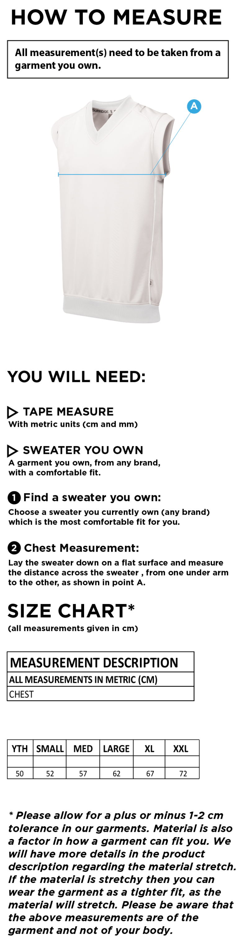 South Shore CC - Curve Sleeveless Cricket Sweater - Size Guide