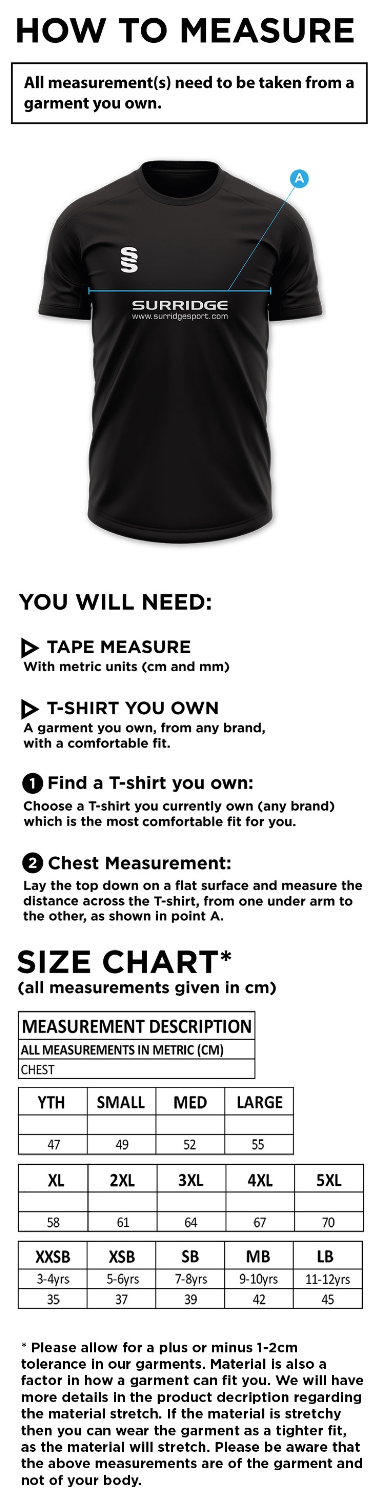 South Shore CC - Dual Games Shirt - Size Guide