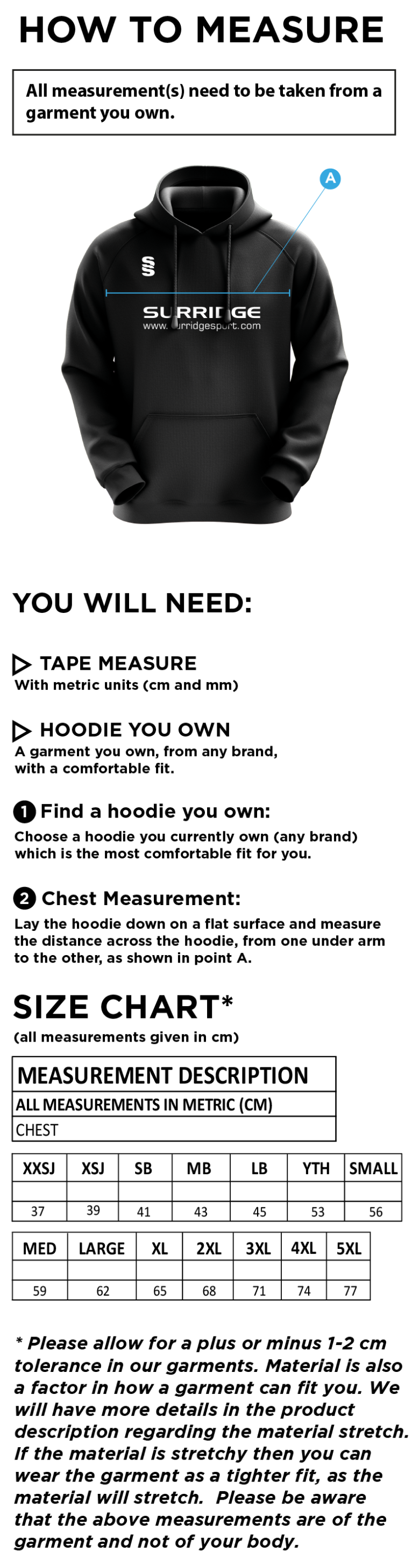 South Shore CC - Fuse Hoody - Size Guide