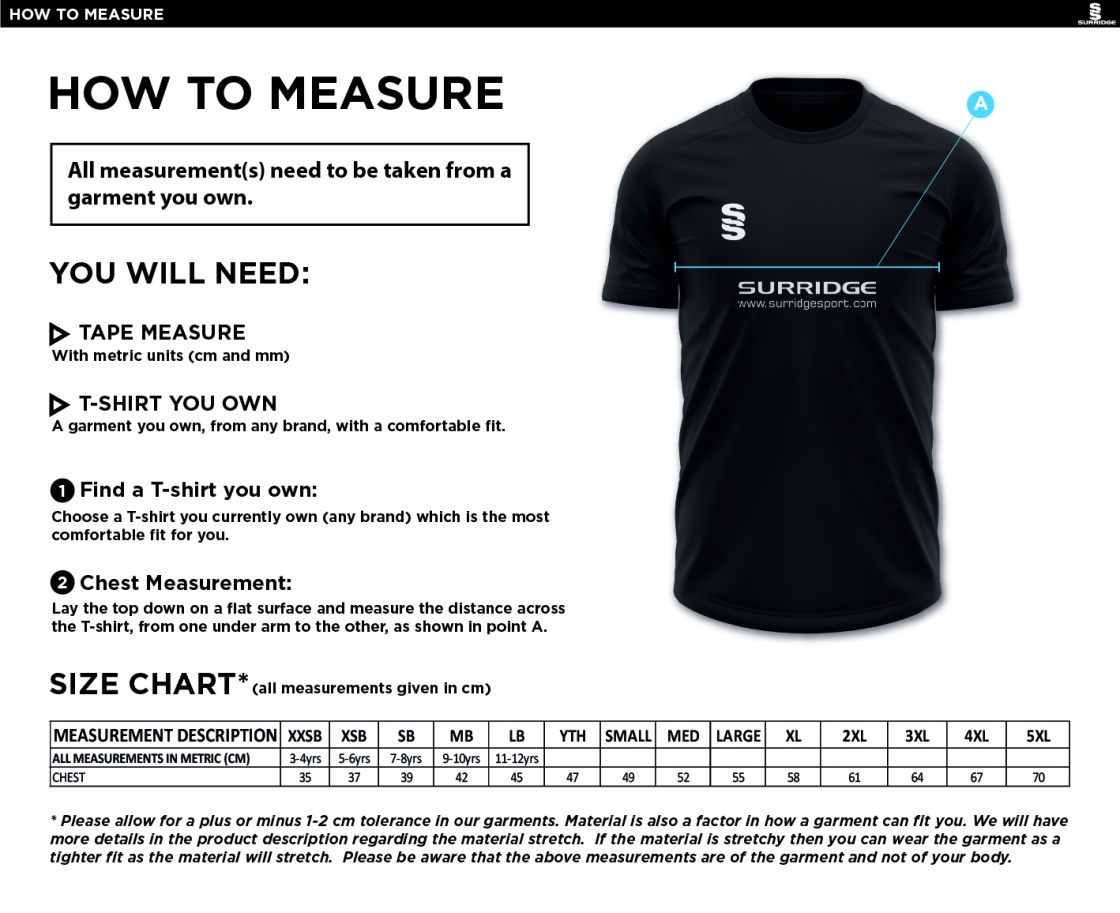 South Shore CC - Dual Games Shirt - Size Guide