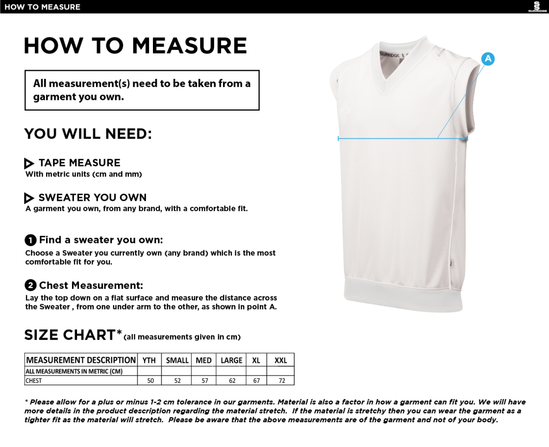 South Shore CC - Curve Sleeveless Cricket Sweater - Size Guide