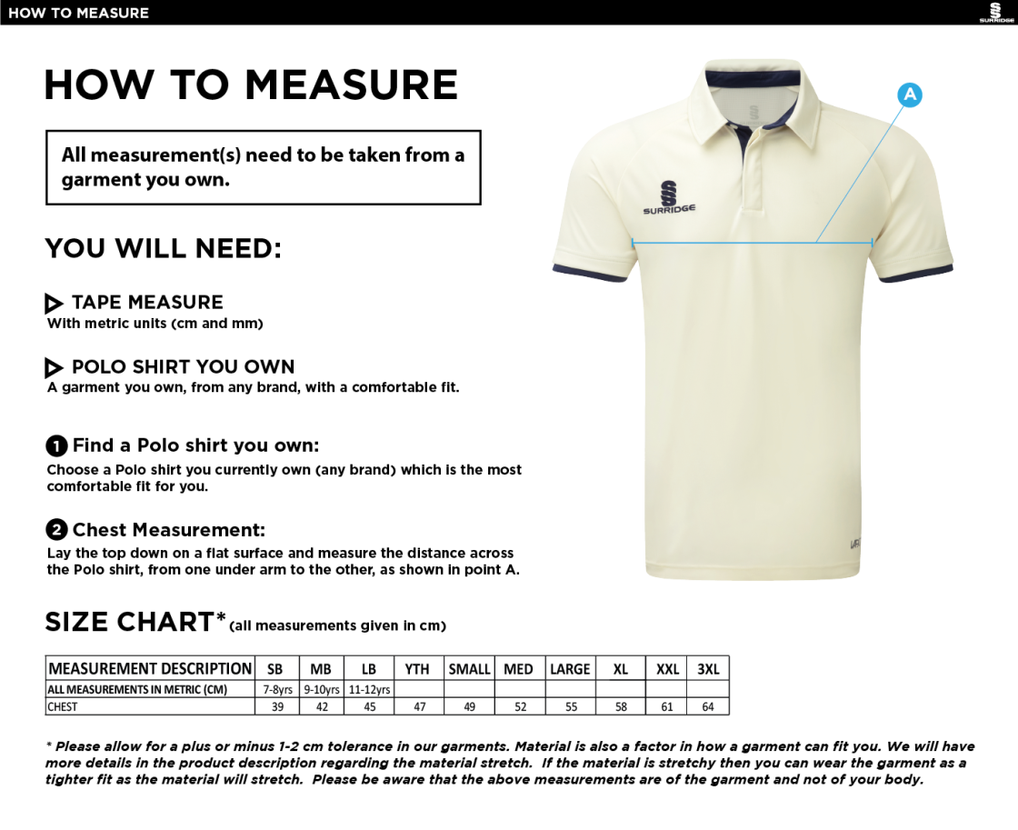 South Shore CC - Ergo Short Sleeve Cricket Shirt - Size Guide