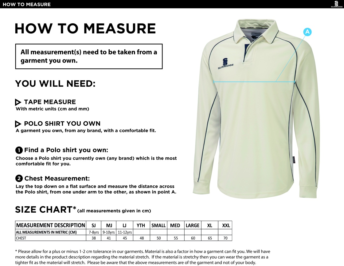 South Shore CC - L/S Cricket Shirt Navy Trim - Size Guide
