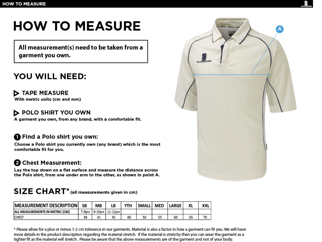 South Shore CC - 3/4 Sleeve Cricket Shirt Navy Trim - Size Guide