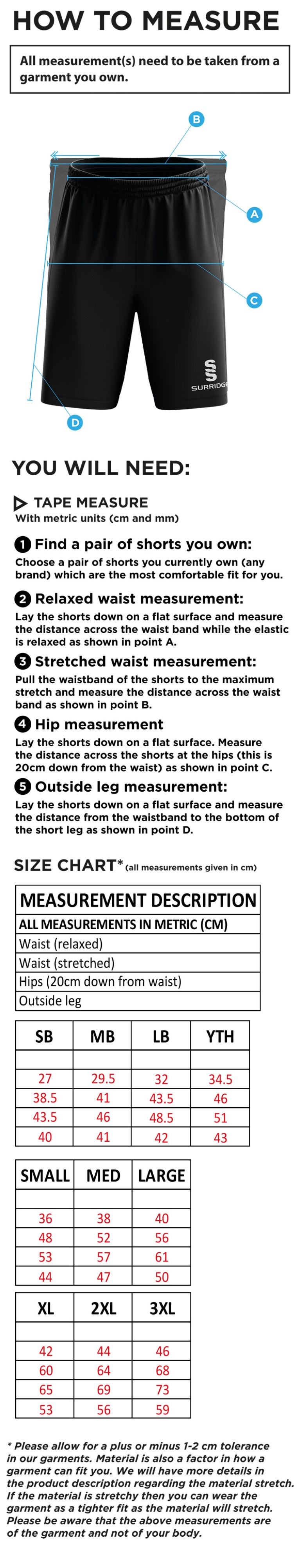 South Shore CC - Blade Shorts - Size Guide