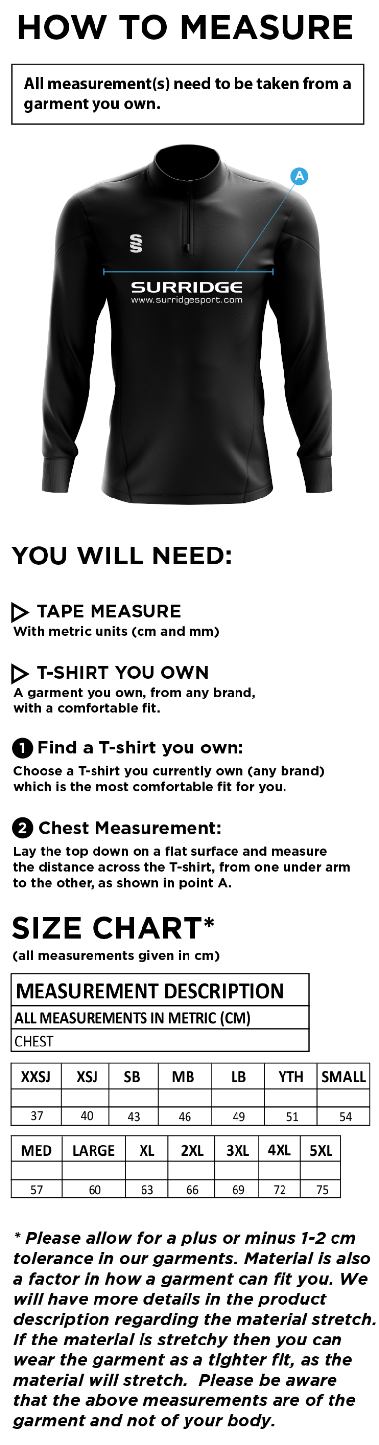 South Shore CC - Blade Performance Top - Size Guide