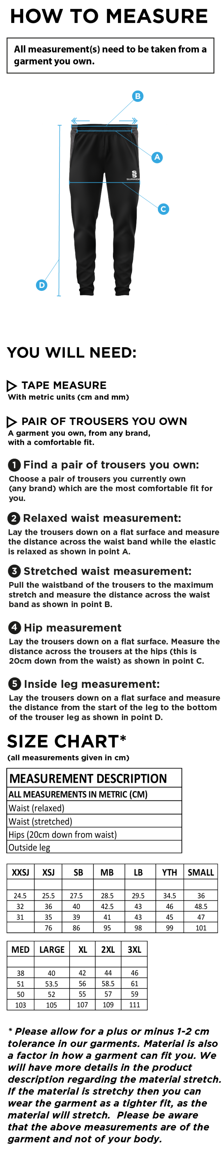 South Shore CC - Tek Skinny Training Pant - Size Guide