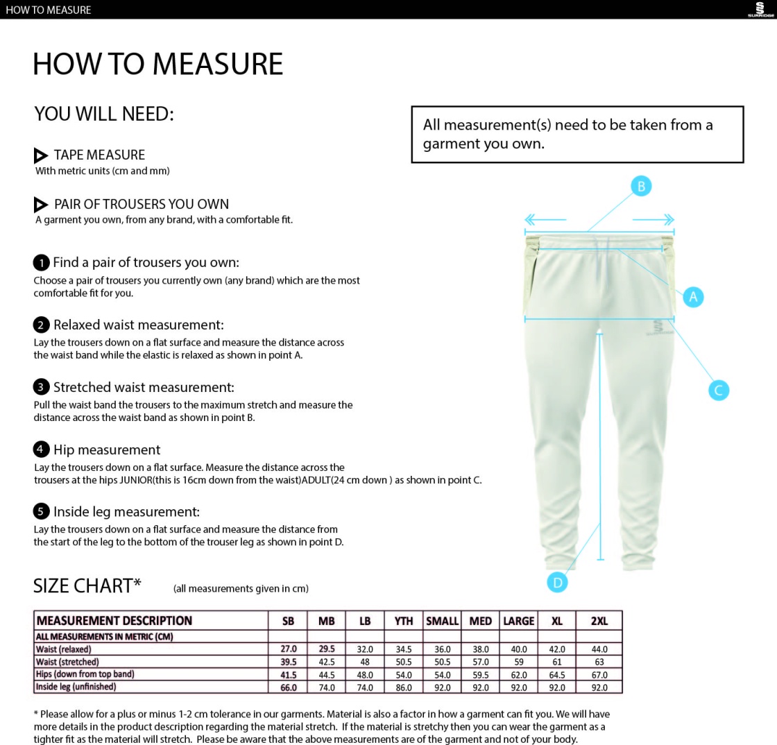 South Shore CC - Ergo Cricket Pant - Size Guide