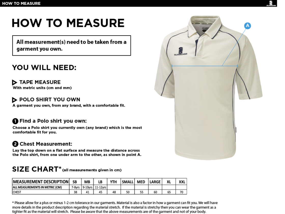 South Shore CC - 3/4 Sleeve Cricket Shirt Navy Trim - Size Guide