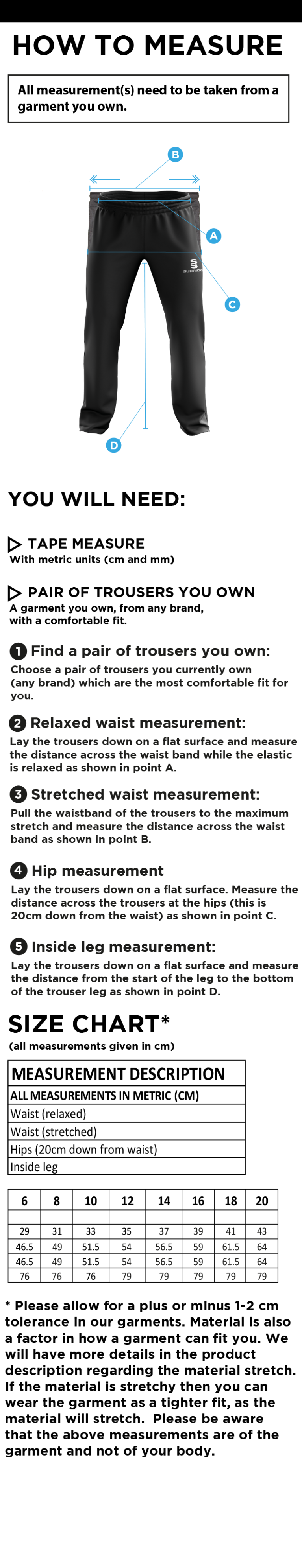 South Shore CC - Women's Poplin Track Pant with Lycra - Size Guide