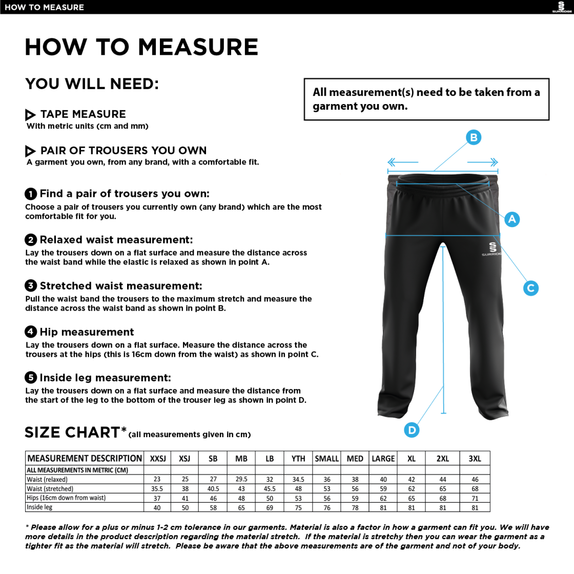 South Shore CC - Poplin Track Pant with Lycra - Size Guide