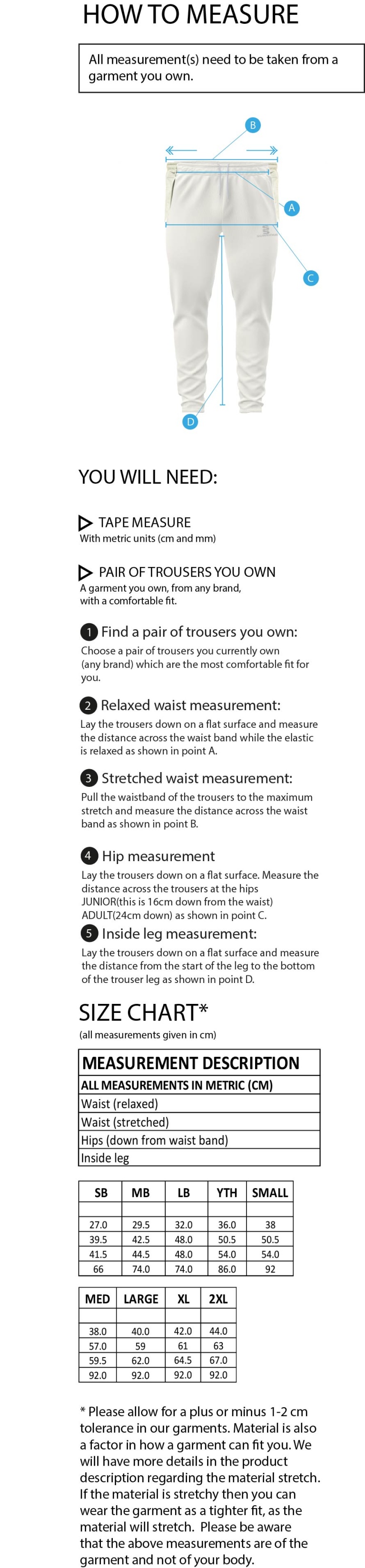 South Shore CC - Ergo Cricket Pant - Size Guide