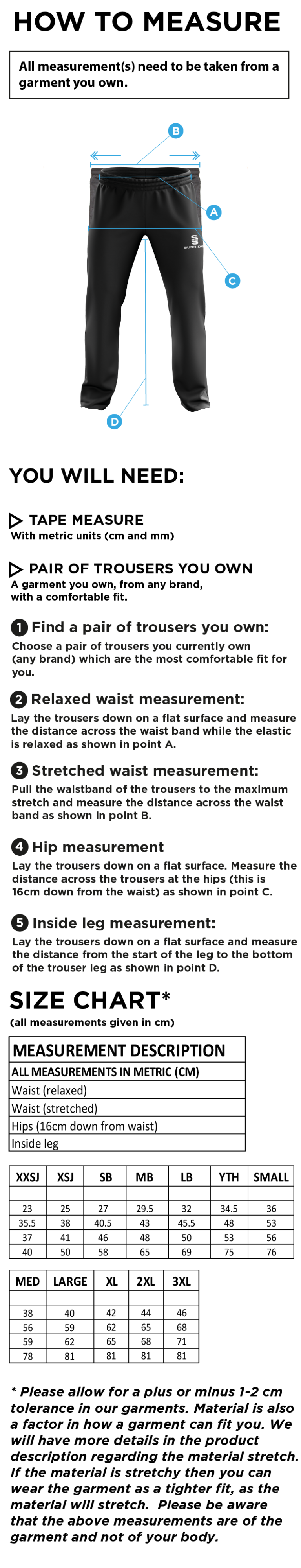 South Shore CC - Poplin Track Pant with Lycra - Size Guide