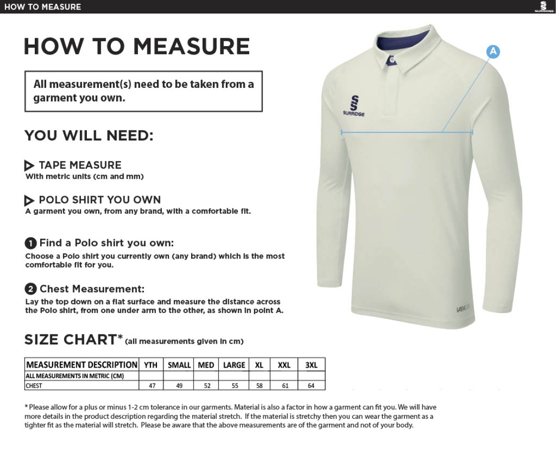 South Shore CC - Ergo Long Sleeve Cricket Shirt - Size Guide