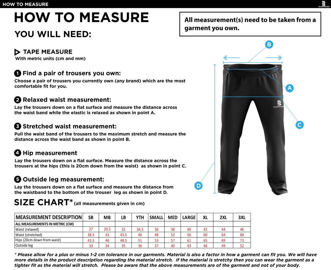 South Shore CC - Ripstop Track Pant With Lycra - Size Guide